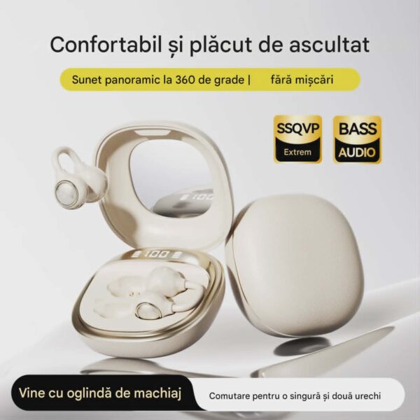Casti Wireless TWS Ergonomice M160, Autonomie baterie 38 ore, Purtare pe ureche, Carcasa reîncărcabilă cu oglindă, Anulare zgomot, Multipoint, Sunet stereo Hi-Fi, Wireless V6.0, Bluetooth V5.4, Greutate 3g, Culoare Crem