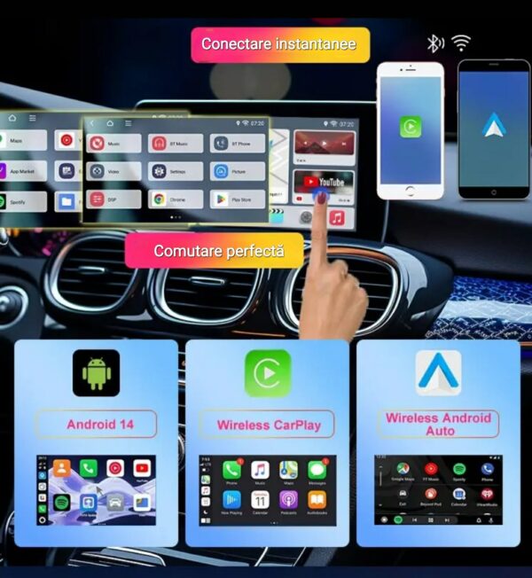 Adaptor Wireless CarPlay Android Auto, 4Gb Ram 64 Gb Memorie, Octa Core, Cip MTK MT676X, YouTube, Netflix Compatibil cu IOS si Android, Sim 4g