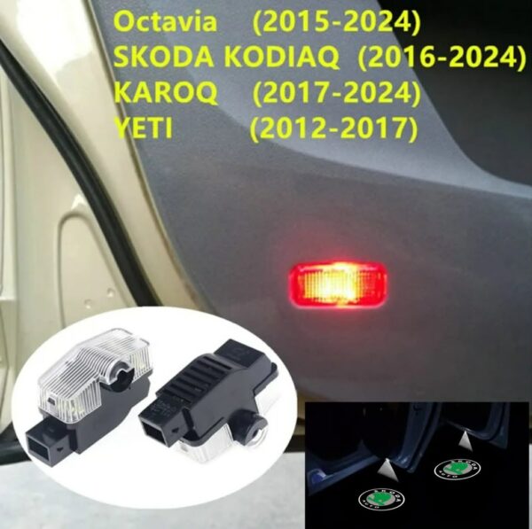 Lampi Portiere Auto SKODA cu LOGO, Compatibile cu Octavia 2015–2024, KODIAQ 2016-2024, KAROQ 2017-2024, YETI 2012-2017, Set 2 bucati, Lentile de sticla, Instalare Plug & Play, Calitate premium