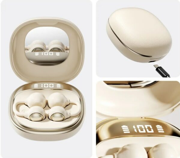 Casti Wireless TWS Ergonomice M160, Autonomie baterie 38 ore, Purtare pe ureche, Carcasa reîncărcabilă cu oglindă, Anulare zgomot, Multipoint, Sunet stereo Hi-Fi, Wireless V6.0, Bluetooth V5.4, Greutate 3g, Culoare Crem