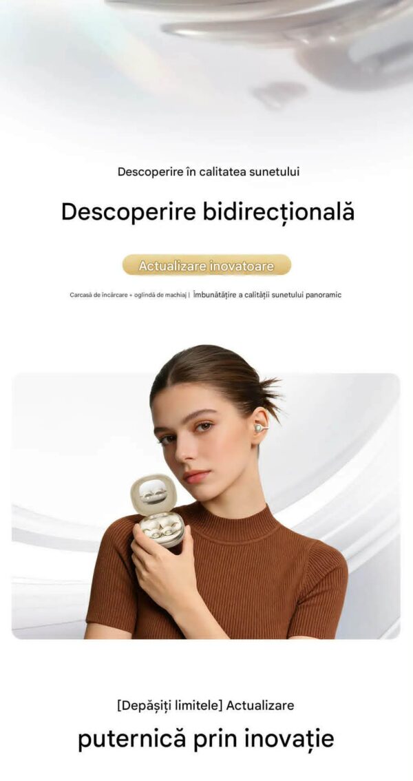 Casti Wireless TWS Ergonomice M160, Autonomie baterie 38 ore, Purtare pe ureche, Carcasa reîncărcabilă cu oglindă, Anulare zgomot, Multipoint, Sunet stereo Hi-Fi, Wireless V6.0, Bluetooth V5.4, Greutate 3g, Culoare Crem