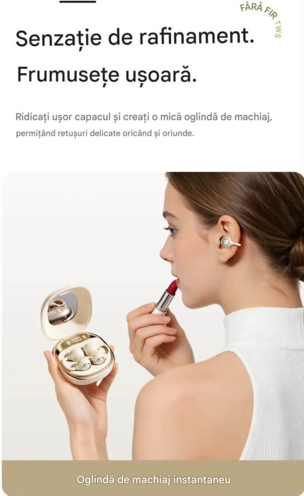 Casti Wireless TWS Ergonomice M160, Autonomie baterie 38 ore, Purtare pe ureche, Carcasa reîncărcabilă cu oglindă, Anulare zgomot, Multipoint, Sunet stereo Hi-Fi, Wireless V6.0, Bluetooth V5.4, Greutate 3g, Culoare Crem
