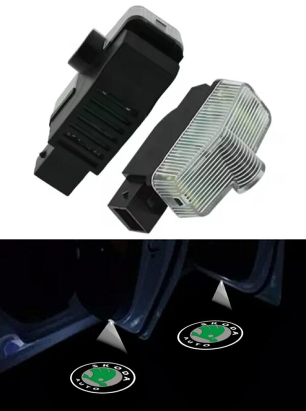 Lampi Portiere Auto SKODA cu LOGO, Compatibile cu Octavia 2015–2024, KODIAQ 2016-2024, KAROQ 2017-2024, YETI 2012-2017, Set 2 bucati, Lentile de sticla, Instalare Plug & Play, Calitate premium