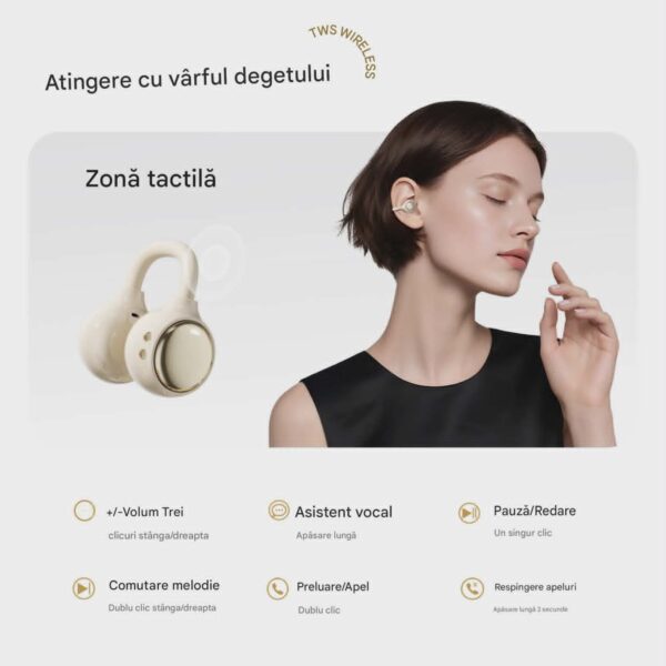 Casti Wireless TWS Ergonomice M160, Autonomie baterie 38 ore, Purtare pe ureche, Carcasa reîncărcabilă cu oglindă, Anulare zgomot, Multipoint, Sunet stereo Hi-Fi, Wireless V6.0, Bluetooth V5.4, Greutate 3g, Culoare Crem
