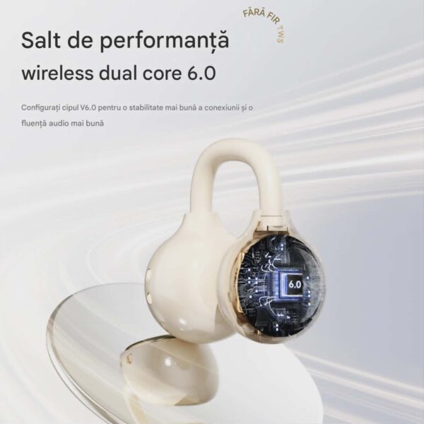 Casti Wireless TWS Ergonomice M160, Autonomie baterie 38 ore, Purtare pe ureche, Carcasa reîncărcabilă cu oglindă, Anulare zgomot, Multipoint, Sunet stereo Hi-Fi, Wireless V6.0, Bluetooth V5.4, Greutate 3g, Culoare Crem