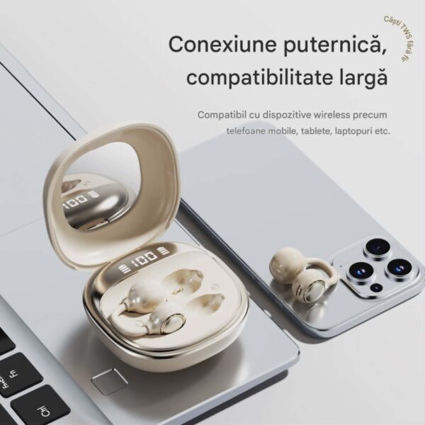 Casti Wireless TWS Ergonomice M160, Autonomie baterie 38 ore, Purtare pe ureche, Carcasa reîncărcabilă cu oglindă, Anulare zgomot, Multipoint, Sunet stereo Hi-Fi, Wireless V6.0, Bluetooth V5.4, Greutate 3g, Culoare Crem