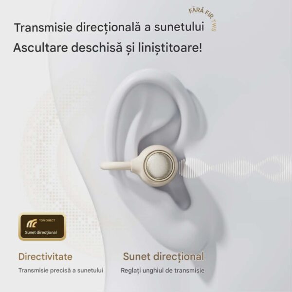 Casti Wireless TWS Ergonomice M160, Autonomie baterie 38 ore, Purtare pe ureche, Carcasa reîncărcabilă cu oglindă, Anulare zgomot, Multipoint, Sunet stereo Hi-Fi, Wireless V6.0, Bluetooth V5.4, Greutate 3g, Culoare Crem