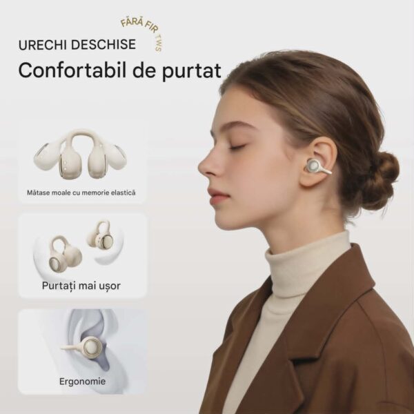 Casti Wireless TWS Ergonomice M160, Autonomie baterie 38 ore, Purtare pe ureche, Carcasa reîncărcabilă cu oglindă, Anulare zgomot, Multipoint, Sunet stereo Hi-Fi, Wireless V6.0, Bluetooth V5.4, Greutate 3g, Culoare Crem