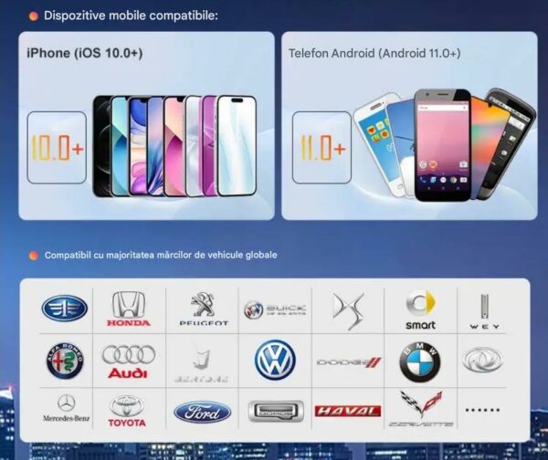 Adaptor Wireless CarPlay Android Auto, 4Gb Ram 64 Gb Memorie, Octa Core, Cip MTK MT676X, YouTube, Netflix Compatibil cu IOS si Android, Sim 4g