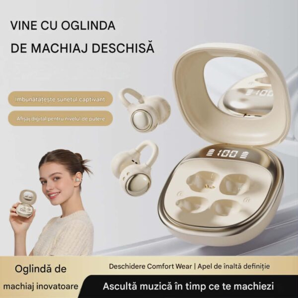 Casti Wireless TWS Ergonomice M160, Autonomie baterie 38 ore, Purtare pe ureche, Carcasa reîncărcabilă cu oglindă, Anulare zgomot, Multipoint, Sunet stereo Hi-Fi, Wireless V6.0, Bluetooth V5.4, Greutate 3g, Culoare Crem