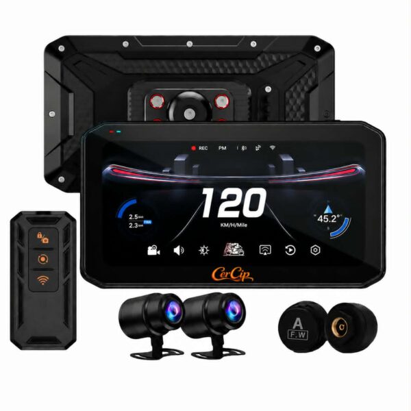 Navigatie MOTO CerCip MT9, Carplay/Android Auto, Octa-Core, GPS, IP67 Rezistenta apa, Camere 2K, Senzori presiune roti, Wifi, BSD, 6'25 inch, Touch, Mirror Link