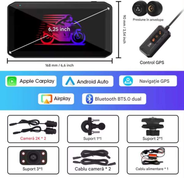 Navigatie MOTO CerCip MT9, Carplay/Android Auto, Octa-Core, GPS, IP67 Rezistenta apa, Camere 2K, Senzori presiune roti, Wifi, BSD, 6'25 inch, Touch, Mirror Link