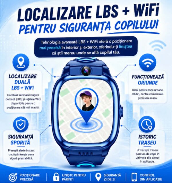 Ceas SMART pentru Copii, Smartwatch CerCip Y88,  Sim card 4G, Baterie 48 ore, Localizare GPS, Camera 3MP, Incarcare Wireless, Ecran cu Touch, Apel video, Functie spion, SOS