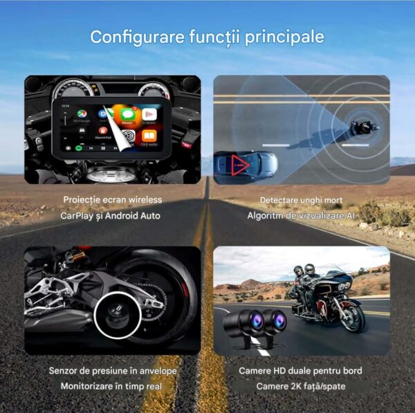 Navigatie MOTO CerCip MT9, Carplay/Android Auto, Octa-Core, GPS, IP67 Rezistenta apa, Camere 2K, Senzori presiune roti, Wifi, BSD, 6'25 inch, Touch, Mirror Link
