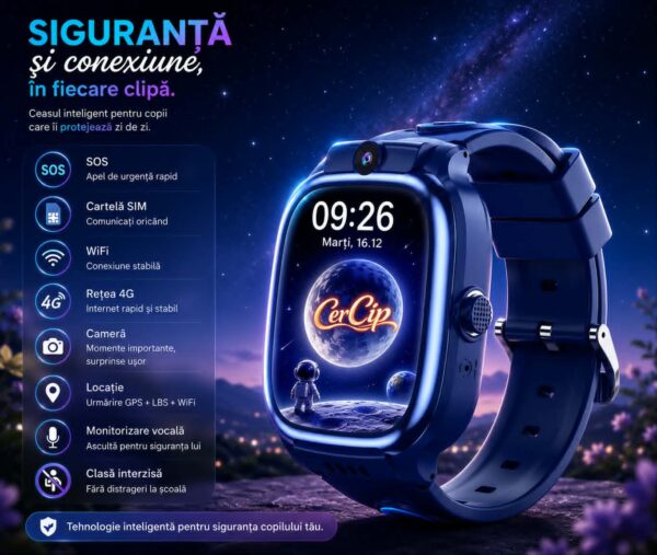 Ceas SMART pentru Copii, Smartwatch CerCip Y88,  Sim card 4G, Baterie 48 ore, Localizare GPS, Camera 3MP, Incarcare Wireless, Ecran cu Touch, Apel video, Functie spion, SOS