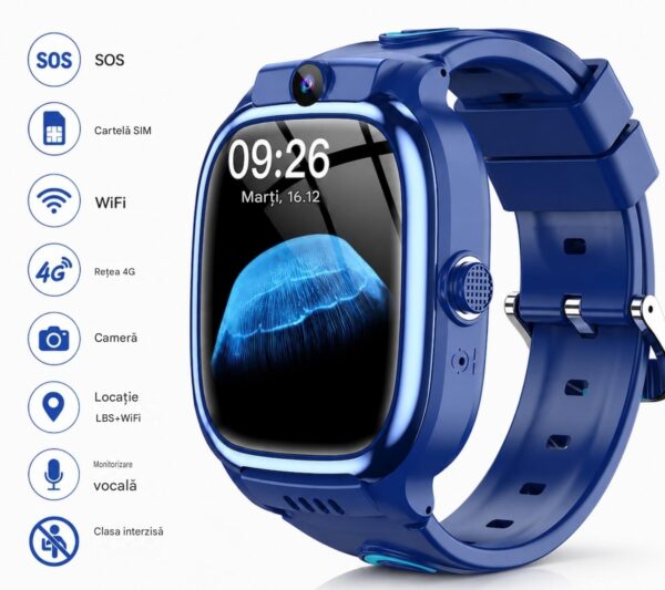 Ceas Smartwatch CerCip Y88 pentru Copii, Sim card 4G, Baterie 48 ore, Localizare GPS, Camera 3MP, Incarcare Wireless, Ecran cu Touch, Apel video, Functie spion, SOS,