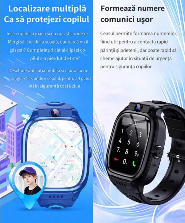 Ceas Smartwatch CerCip Y88 pentru Copii, Sim card 4G, Baterie 48 ore, Localizare GPS, Camera 3MP, Incarcare Wireless, Ecran cu Touch, Apel video, Functie spion, SOS,
