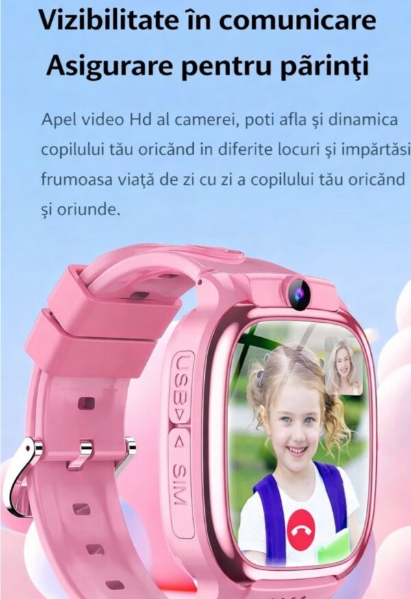 Ceas Smartwatch CerCip Y88 pentru Copii, Sim card 4G, Baterie 48 ore, Localizare GPS, Camera 3MP, Incarcare Wireless, Ecran cu Touch, Apel video, Functie spion, SOS,