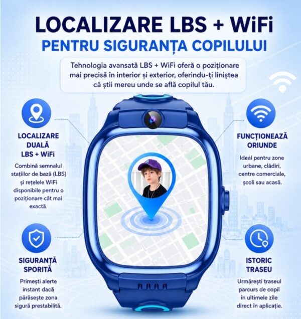 Ceas Smartwatch CerCip Y88 pentru Copii, Sim card 4G, Baterie 48 ore, Localizare GPS, Camera 3MP, Incarcare Wireless, Ecran cu Touch, Apel video, Functie spion, SOS,
