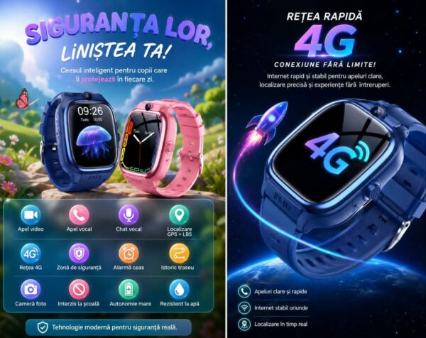 Ceas SMART pentru Copii, Smartwatch CerCip Y88,  Sim card 4G, Baterie 48 ore, Localizare GPS, Camera 3MP, Incarcare Wireless, Ecran cu Touch, Apel video, Functie spion, SOS