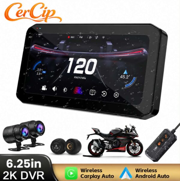 Navigatie MOTO CerCip MT9, Carplay/Android Auto, Octa-Core, GPS, IP67 Rezistenta apa, Camere 2K, Senzori presiune roti, Wifi, BSD, 6'25 inch, Touch, Mirror Link