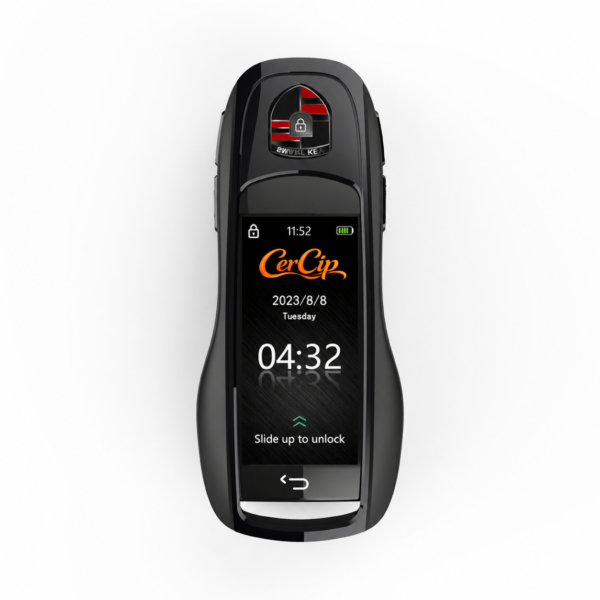ChatGPT Image 18 aug. 2026, 22_48_33 Cheie Auto Smart cu display CerCip SK09 Negru, Activare Keyless Entry, 4 butoane, LCD cu touchscreen, Smart Car Key
