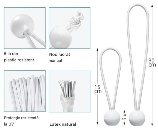 Set 100 Corzi elastice cu bilă pentru corturi, Lungime 15 cm, Culoare Alb
